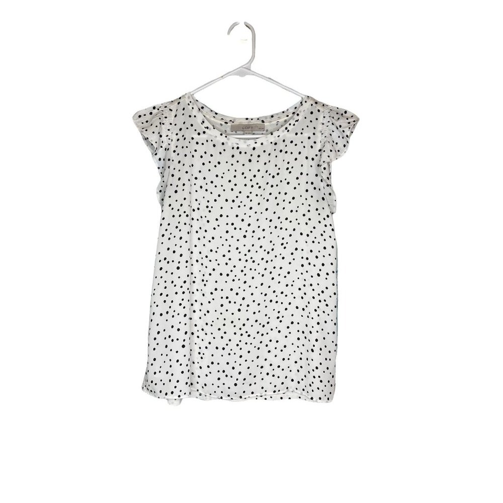 Loft Petites tank top womens size XSP ruffle sleeve polkadot black white rayon